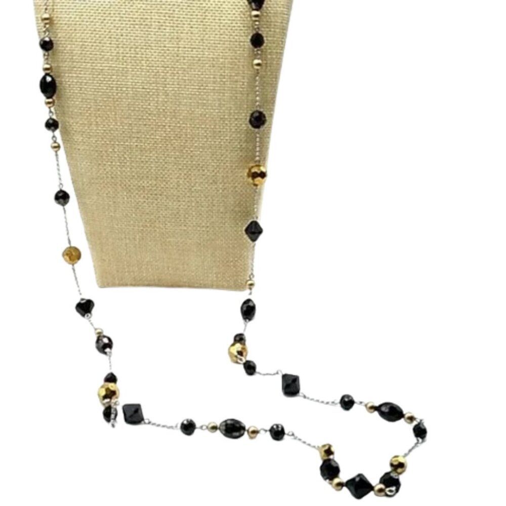 Lia Sophia PAULA Beaded Necklace Black & Metallic Gold Long Single Strand Retire